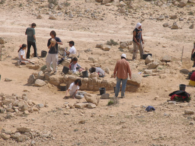 General view of excavated farm house at Avdat, March 2005.  Avdat is an important Nabatean and Byzantine site in the Negev surrounded by ancient desert farms from the 5th to the 8th centuries CE.  The area was surveyed and excavated by the environmental school of Sde Boker.  The 2005 activities included surveying and excavation of one farm house by the environmental school of Sde Boker, located 15 kilometers north of Avdat.