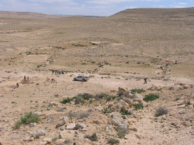 General view of excavated farm house at Avdat, March 2005.  Avdat is an important Nabatean and Byzantine site in the Negev surrounded by ancient desert farms from the 5th to the 8th centuries CE.  The area was surveyed and excavated by the environmental school of Sde Boker.  The 2005 activities included surveying and excavation of one farm house by the environmental school of Sde Boker, located 15 kilometers north of Avdat.