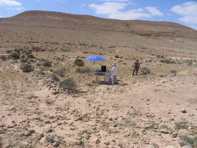 GPR (Ground Penetrating Radar) Survey done by doctoral student Jessie Pincus of Bar Ilan University in association with Mnemotrix Systems, Inc. at the excavated farm at Avdat, for the purpose of analyzing the moisture retention and content of the soil, March 2005.  Avdat is an important Nabatean and Byzantine site in the Negev surrounded by ancient desert farms from the 5th to the 8th centuries CE.  The area was surveyed and excavated by the environmental school of Sde Boker.  The 2005 activities included surveying and excavation of one farm house by the environmental school of Sde Boker, located 15 kilometers north of Avdat.