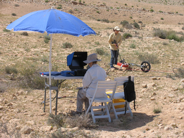 GPR (Ground Penetrating Radar) Survey done by doctoral student Jessie Pincus of Bar Ilan University in association with Mnemotrix Systems, Inc. at the excavated farm at Avdat, for the purpose of analyzing the moisture retention and content of the soil, March 2005.  Avdat is an important Nabatean and Byzantine site in the Negev surrounded by ancient desert farms from the 5th to the 8th centuries CE.  The area was surveyed and excavated by the environmental school of Sde Boker.  The 2005 activities included surveying and excavation of one farm house by the environmental school of Sde Boker, located 15 kilometers north of Avdat.