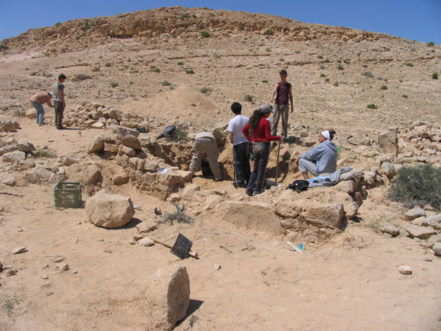 Excavated farm house at Avdat, March 2005. Avdat is an important Nabatean and Byzantine site in the Negev surrounded by ancient desert farms from the 5th to the 8th centuries CE.  The area was surveyed and excavated by the environmental school of Sde Boker.  The 2005 activities included surveying and excavation of one farm house by the environmental school of Sde Boker, located 15 kilometers north of Avdat.