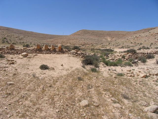 Terraces in the excavated farm at Avdat, March 2005. Avdat is an important Nabatean and Byzantine site in the Negev surrounded by ancient desert farms from the 5th to the 8th centuries CE.  The area was surveyed and excavated by the environmental school of Sde Boker.  The 2005 activities included surveying and excavation of one farm house by the environmental school of Sde Boker, located 15 kilometers north of Avdat.