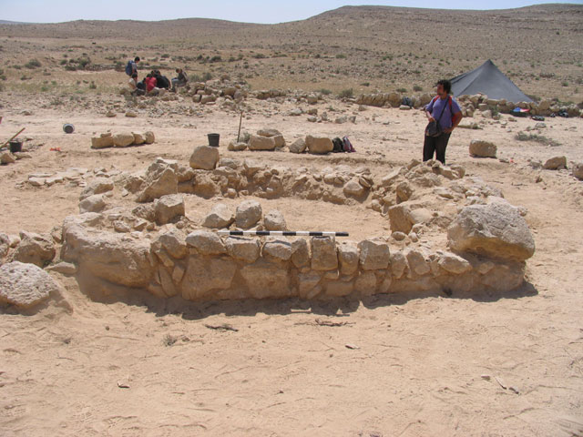 Excavated structure at Avdat, March 2005. Avdat is an important Nabatean and Byzantine site in the Negev surrounded by ancient desert farms from the 5th to the 8th centuries CE.  The area was surveyed and excavated by the environmental school of Sde Boker.  The 2005 activities included surveying and excavation of one farm house by the environmental school of Sde Boker, located 15 kilometers north of Avdat.