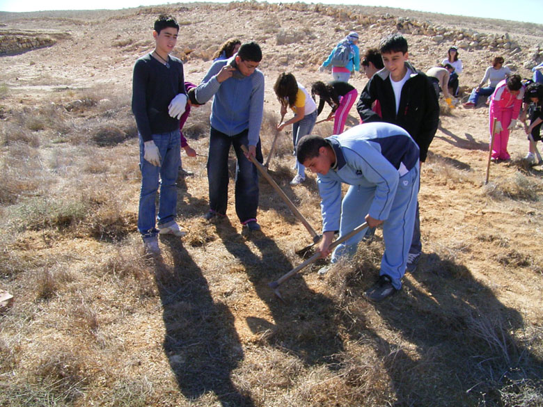 Nitzana farm maintenance project with students includes overturning of the soil, getting rid of bushes and brush, cleaning up the area, and planting.  These kids at Nitzana High School are having fun, while taking care of their historic environment.