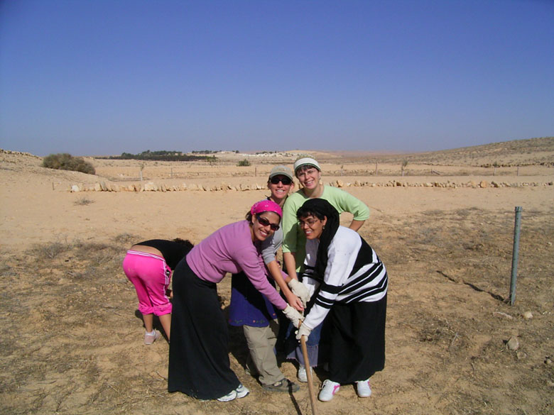 These high school students learn in the field of the ancient agricultural terraces at Nitzana while having fun, where the ground is being prepared to plant new trees. High school students and staff help to landscape the trees, take care of them, and prune them.