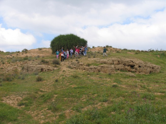 Measuring the ancient agricultural terrace at Ofaqim. Located 20 kilometers northwest of Beer Sheva, this is the Merchavim School. Students here are shown measuring and surveying an ancient agricultural site from the Byzantine Period, which consists of ruins of a farm house and several water cisterns and an ancient agricultural terrace.