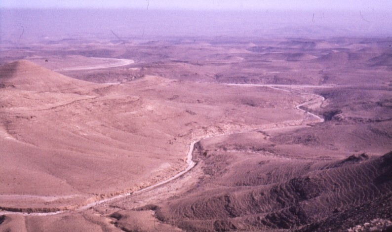 The southern periphery of Israel, the Negev, is an arid desert that does not allow for agricultural activity, mainly due to the poor annual rainfall - 80 mm - considerably less than the 200 mm minimal amount required to grow grains. Remote view of the Negev Highlands.