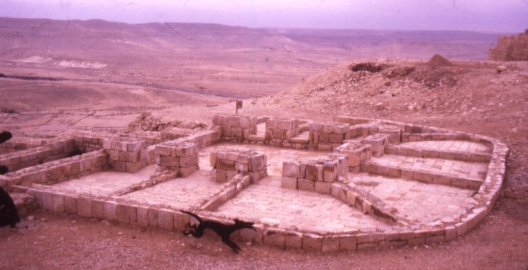 An enormous number of agricultural installations have been found in association with the agricultural systems, including many wine presses, such as this restored wine press in Avdat. The divided areas are thought to have been used to separate different farmers' stores of grapes while waiting to use the press to the left.